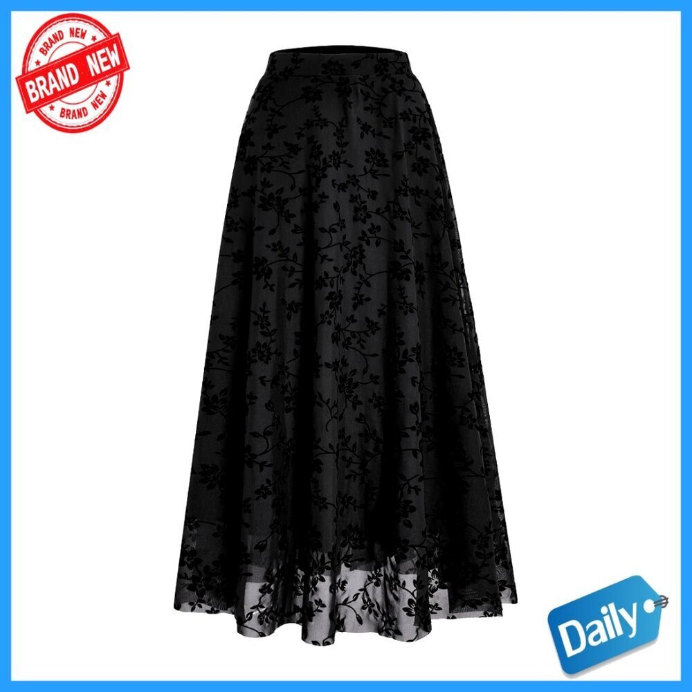 Long Maxi Skirt Flowy Ruffle Mesh Floral Print High Waist Ankle Length
